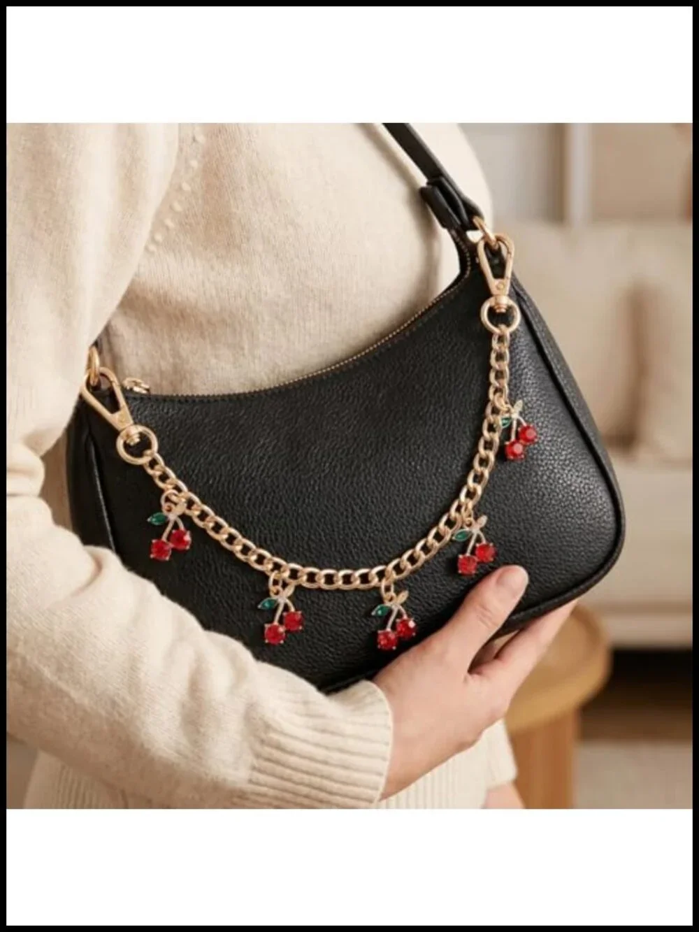 Gold Purse Charm Keychain with Red Cherry Accents for Handbags